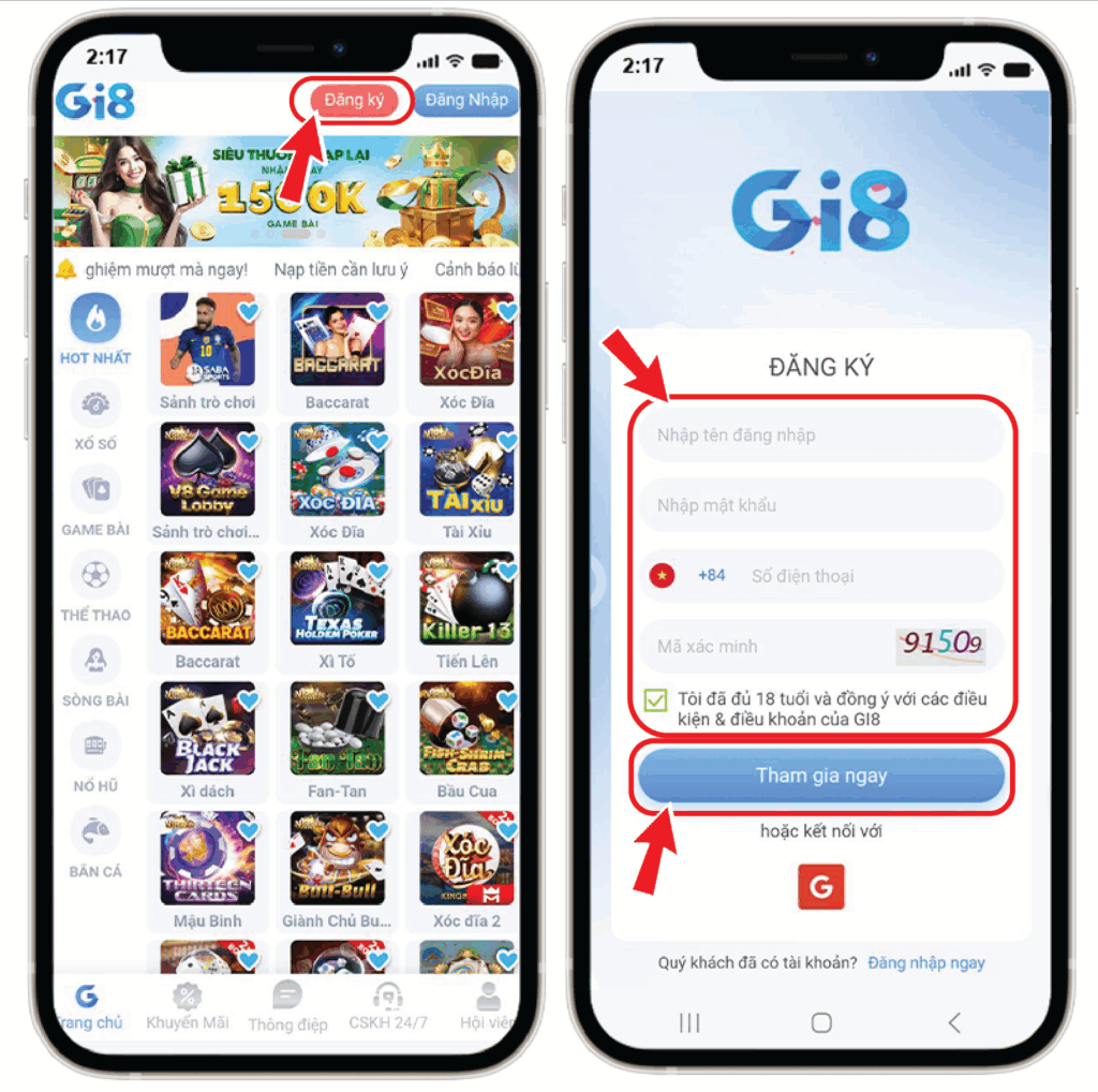 Hướng dẫn đăng ký tài khoản GI8 trên di động