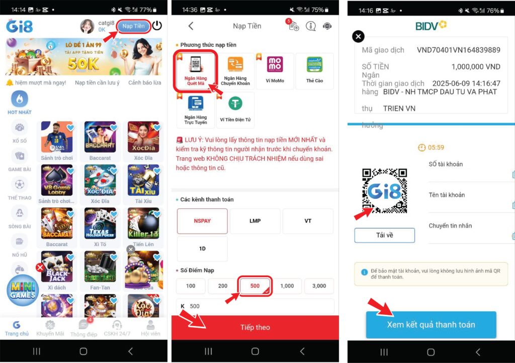 Hướng dẫn nạp tiền Gi8