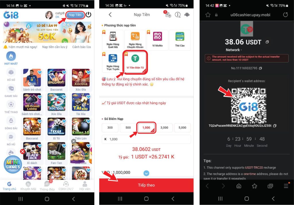 Nạp tiền gi8 bằng USDT