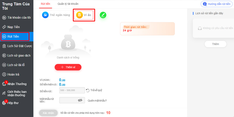 Rút tiền về ví ảo nhận tiền nhanh chóng ngay trên điện thoại di động.