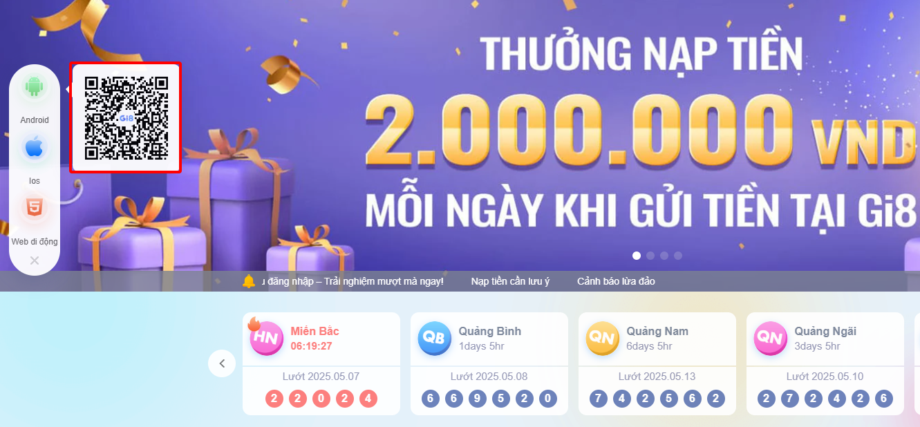 Quét mã QR trên trang chủ Gi8 để bắt đầu tải app trên android.